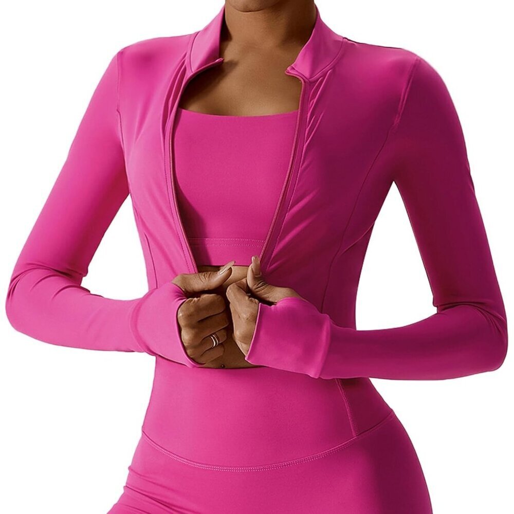 Feoya Womens Pink Slim Fit Long Sleeve Full Zip Workout Crop Jacket For Sports